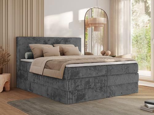 MKS MEBLE Boxspringbett mit Matratze H3, Bett mit Bettkasten und Stauraum, Doppelbett mit Kopfteil, Polsterbett 180x200 mit Topper T25 - Tiliano King - Cord Grau