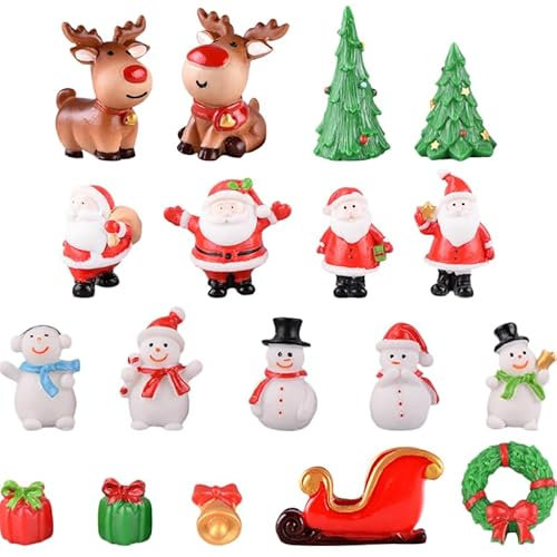 Amosfun Figurines De NoëL en RéSine 18 PièCes Miniatures Sapin De NoëL Bonhomme De Neige Renne DéCoration pour Village Miniature Et Arbre