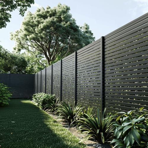 Aluminium Zaun OLINDA Anthrazit 7,38 x 1,8 m – Lamellengröße: 21 x 45 x 1780 mm – Aluminium und Verbundholz