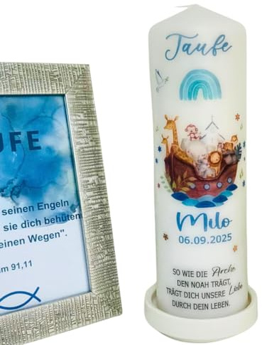 Taufkerze Mädchen oder für Jungen mit Taufspruch, Arche Noah 25 cm x 8 cm, personalisierte Kerze, bedruckte Kerze zur Taufe, Stumpenkerze zur Taufe, individuelles Taufgeschenk.