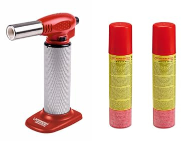 ROTHENBERGER Industrial - Crème Brûlée Gourmetbrenner Hot Fire inkl. 2 x Nachfüllgas 100 ml | 360° Drehung | Küchenbrenner | Lötbrenner | 1300°C Flammentemperatur | großer Gastank
