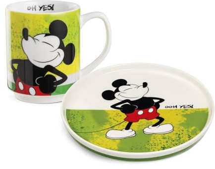 Egan Assiette à dessert + tasses empilables – Collection Mickey & Minnie Mouse I AM | En porcelaine anglaise | Passe au lave-vaisselle et au micro-ondes | Ensemble café et collation pour petit