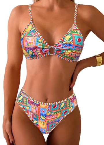 Fanuerg Women's Triangle Bikini Sets O Ring Linked Two Piece Swimsuits Floral Printed Cheeky Bathing Suit Lemon Fruit Print M