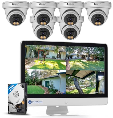 4COVR PoE CCTV Camera Systems with Monitor, 8CH NVR 2TB HDD, ELY97KA8MU806 | 6×8MP Security Wired Dome IP Camera IP67 Home Outdoor Color Night Vision, 4K, AI Human/Vehicle Detection, 2 Way Audio
