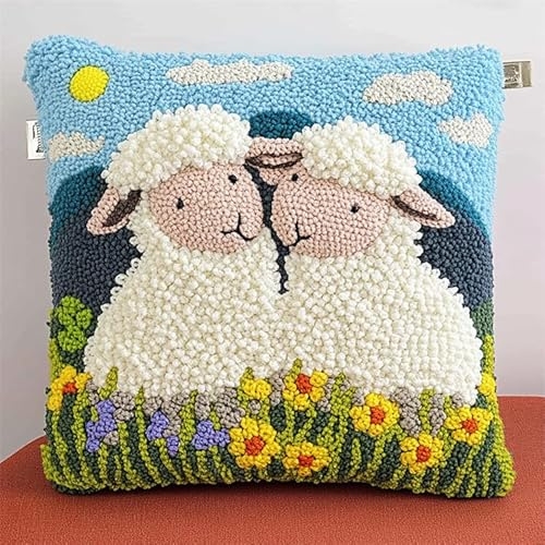 WallustrioaW Graslandlandschaft Knüpfkissen Set,Zwei süße Schafe,Knüpfkissen Set für Anfänger Erwachsene oder Kinder zum Selber Knüpfen,DIY Knüpfteppich Knüpfpackung,43x43cm
