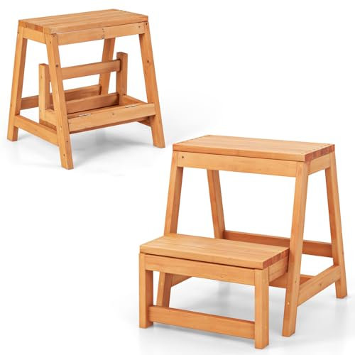 COSTWAY 2 Tier Step Stool for Kids and Adults, Wooden Folding Stepladder Stools Plant Stand, Multifunctional Ladder Display Rack Shoe Bench Up to 150kg