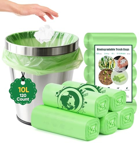 10 Litre Compostable Bin Bags - 120 Counts Biodegradable Bin Liners Strong Pedal Food Waste Trash Bag, Compost Bin Liner for Kitchen Office Bathroom