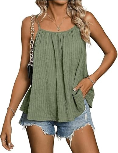 Sukiglam Camisetas sin Mangas Mujer Verano Tank Tops con Cuello Redondo Holgada Transpirable Camisola Shirt con Tirantes Ajustables Camiseta Casuales Chaleco Top Básica Plisada Camisa Blusas