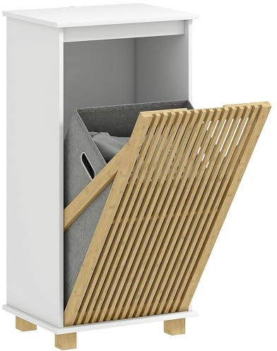 HOMCOM Mobile bagno con cesto per biancheria, mobile portaoggetti con porta a doghe in bambù e borsa rimovibile, armadio da bagno, 40 x 30 x 80 cm, bianco ed effetto legno naturale