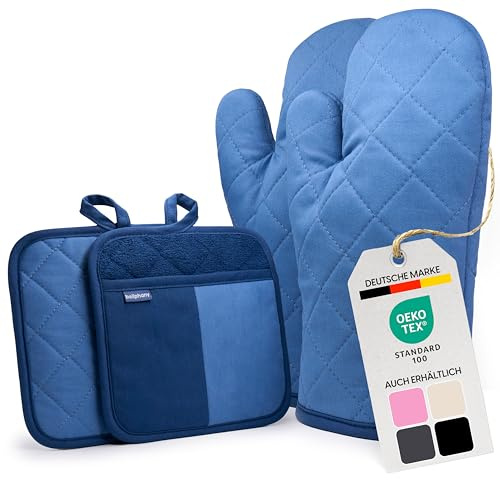 Bellphany Topflappen Ofenhandschuhe - Handschuh Topfhandschuhe, Blau | Set Backhandschuhe und Topflappen aus Baumwolle zum Kochen & Backen, stilvolle Kochhandschuhe hitzebeständig bis 250°C