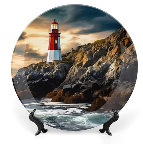 Piatto decorativo in porcellana con faro nautico, stile vintage, da parete, decorazione per la casa e la cucina, 25,4 cm