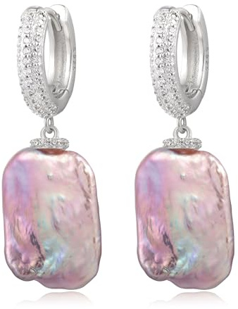 YAMI Damen Perlen Ohrringe Anhänger, Weiß/Lila Barock Perlenohrringe, Süßwasserperlen Ohrringe, mit 925 Sterlingsilber und Kristall Zirkonia Ohrhaken, 38 x 15 mm, Geschenk für Damen, für Jeden Anlass