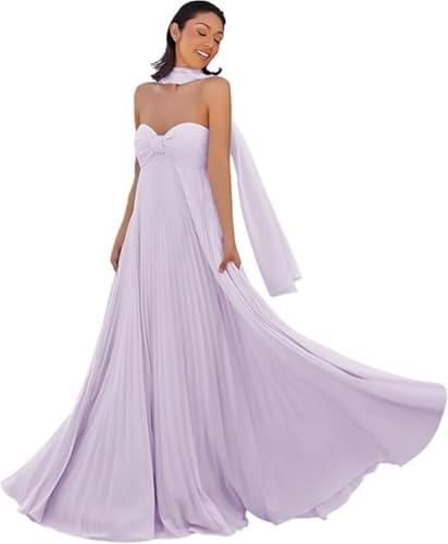 TSxuelian Vestidos largos de gasa para dama de honor con bufanda, plisados, vestidos de noche formales sin tirantes, vestido de invitada de boda, Lila, 36