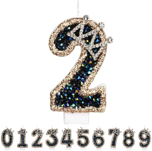 Gleemix Geburtstagskerzen Krone Zahlen 2, Schwarz Zahlenkerze Glitzernde, Cake Topper 2. Geburtstag für Geburtstag Party, Hochzeiten, Firmenfeiern, Jubiläen, Birthday Candle Nummer