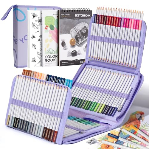 Four Candies Colored Pencils Set,120 Soft Oil-Based Colored Pencils | Adult Coloring Books, Professional Drawing, Blending, Shading, Art Supplies with Portable Zipper Case & 3-Color Sketchbook