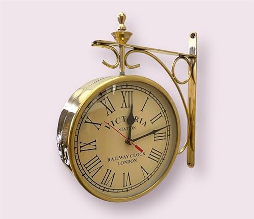 Tuezy Vintage Victoria Station Wall Clock – Double Sided Brass Railway Clock – London Retro Hanging Clock for Home & Office Decor