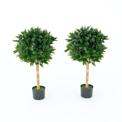 GreenBrokers Baia artificiale (set da 2), alberi finti arte topiaria, tronco in vero legno di alta qualità e foglie dall'aspetto naturale e bacche marroni, protezione UV, uso interno ed esterno, 90 cm