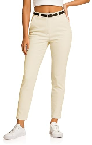 Kendindza Pantalon chino stretch pour femme avec ceinture Pantalon en tissu élégant long Pantalon stretch doux