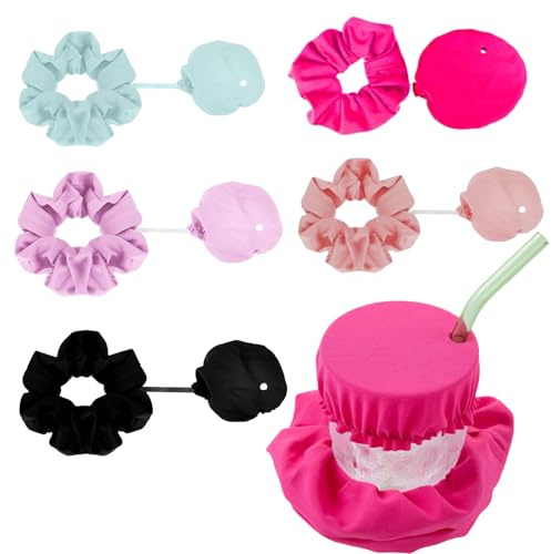 CUVZORA 5 gorras Scrunchie para el pelo, 2 en 1, tapa de bebida con protección contra gotas, correa de goma para el pelo para seguridad y estilo en festivales, bares y fiestas (multicolor)