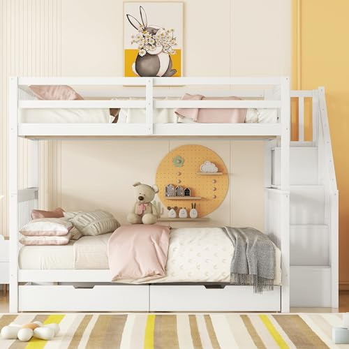 Etagenbett mit Treppenregal, hohes Geländer, Zwei Schubladen, stabile Konstruktion aus Kiefernholz und MDF, EN747-1 Zertifiziert, platzsparendes Design für Schlafzimmer