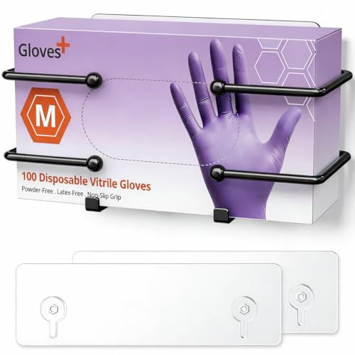 Wall Mounted Glove Box Holder, Self Adhesive Metal Glove Dispenser, Black | Adhesive Metal Glove Dispenser for Disposable, Latex & Nitrile Gloves, Tissue & Wipes Storage, No Drill