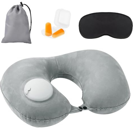 YUVKIN Coussin de Voyage Gonflable, Ultraléger et Compact, de Nuque et Tête pour Voyage, Repose Tete Avion, Tour de Cou, avec Masque pour Dormir, Bouchons d'Oreilles, Sac Transport Inclus (Gris)