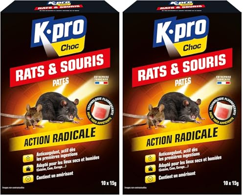 K.PRO CHOC - Pâtes Rats Souris - Action Radicale - Anticoagulant - Pour les Lieux Secs et Humides - Contient un Amérisant - Techniques Professionnelles - 150 g (Lot de 2)