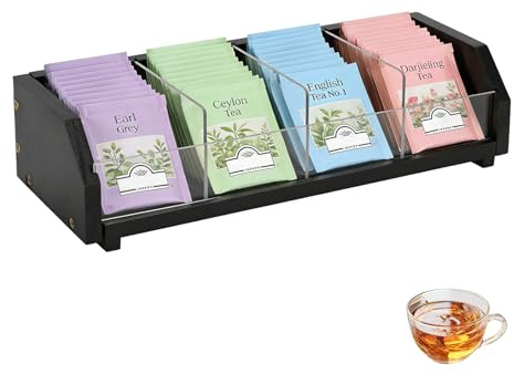Tea Bag Holder Organizer Black 4 Compartment Solid Wood Tea Box with Acrylic Dividers to Organize and Store Tea Bag for Countertop, Cabinet, Drawer (Dark)