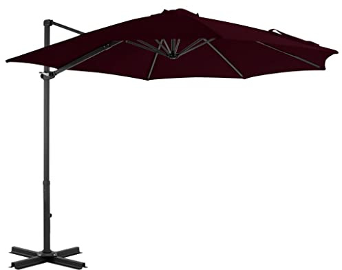 Parasol déporté, rouge, 300 cm, avec mât en aluminium, protection UV, pour terrasse, jardin, extérieur, inclinable, pivotant, système de manivelle, pied en croix robuste