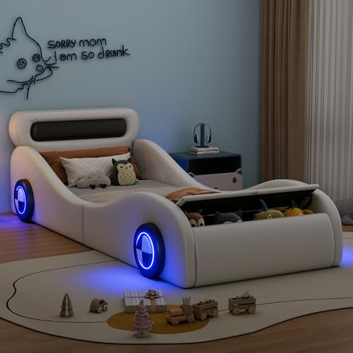 Autobett Kinderbett 90x200, Polsterbett Einzelbett mit leuchtenden Rädern & Stauraum, Aufregendes Auto Kinderbett für kleine Rennfahrer, Kinder Spielbett mit Lattenrost, Ohne Matratze (Weiß, 90x200CM)