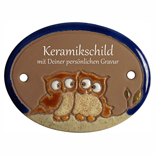Handarbeit aus Schleswig-Holstein Keramikschild 8,5 x 6,5 cm Motiv kleines Eulenpaar (braun)