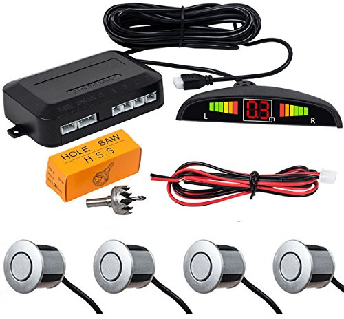 MASO - Kit sensore di parcheggio posteriore con display a LED argentato, con doppia CPU per parcheggio, sensore radar per auto, con 4 sensori, allarme cicalino promemoria di sicurezza