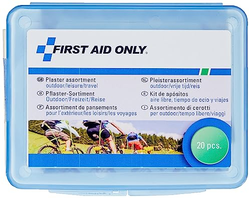 First Aid Only Juego de esparadrapos para exteriores/ocio/viajes (20 unidades) | 20 esparadrapos de diferentes tamaños y formas en caja de resellable | P-10024