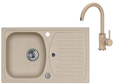 VBChome Spülbecken mit Armatur 78 x 48 cm Beige Drexexcenter Granit Einzelbecken Einbauspüle Abtroffläche gesprenkelt reversibel Verbundspüle