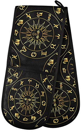 RXYY Doppelt Ofenhandschuh Zodiac Sonne Muster Hitze Beständig Gesteppt Baumwolle Küche Topflappen Lange Ofenhandschuhe für Kochen Backen Grillen