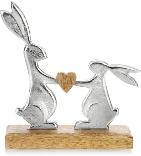 com-four® Premium Deko-Hasen Pärchen mit Herz - Zwei Metall-Hasen auf Sockel aus Mongoholz - Osterhasen aus Metall zum Hinstellen für Ostern (1x Hasen/Herz L)