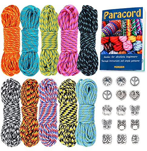 MONOBIN Micro Paracord Kit with Paracord Instructions, 10 Colors 20FT 2MM Paracord Combo kit with Paracord Beads for Making Paracord Bracelets, Lanyards (10Colors-C, 200FT)