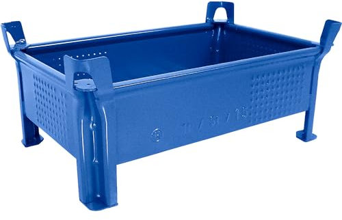 Heson | Stapelbehälter aus Stahlblech | niedrige Bauform | Wände geschlossen | BxL 500 x 800 mm | Traglast 2000 kg | blau