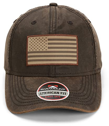 Paramount Outdoors Waxed Cloth American Flag Cap American Fit US Flag Cap Fits Head Size MD - 2X (Brown)