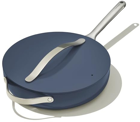 Caraway Ceramic Sauté Pan with Lid – Durable, Non-Toxic Ceramic Coated Interior – Stainless Steel Handles – Induction, Gas, & Electric Stovetop Safe – Oven Safe – Navy