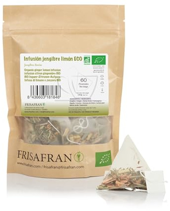 FRISAFRAN | Infusión Jengibre y Limón Ecológica en pirámides 60Uds | 120g | Antiinflamatoria | Antioxidante | Té jenjibre limón | te jengibre | Antioxidante | Vitaminico | Infusión Digestiva | natural