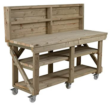 Workbench With Double Shelf, Wheels and Back Panel Indoor/Outdoor - Pressure Treated - Heavy Duty - Handmade Garage Workshop Work Table (10ft)