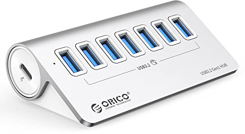 ORICO USB C Hub, 7-Port Aluminium USB Splitter, 5Gbps USB Hub mit 0.5m USB C Kabel und USB A Adapter, USB Verteiler mit 5V/2A Netzteil Typ C Port für MacBook, Mackbook Pro