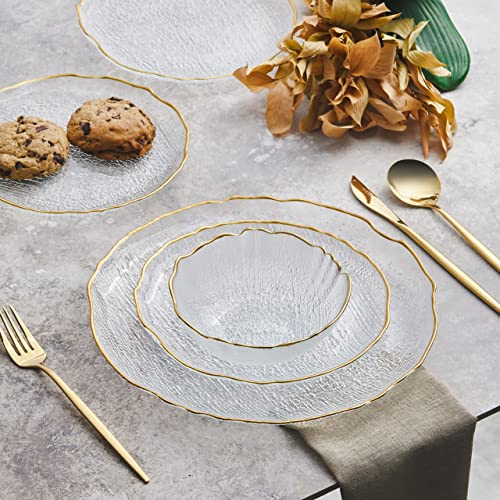 Karaca Milanda Glass Dinner Set for 4 People - 12 Piece Kitchen Dinnerware Sets - Crockery Dining Set with Round Plates and Bowls Dishes Set - Transparent Gold
