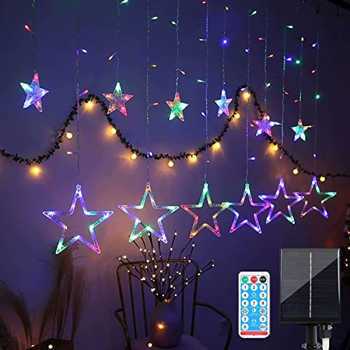 Solar Vorhang Lichter Außen,KINGCOO Wasserdicht 138LED Twinkle Stern Mond Fenster Lichterkette Solar Fee Lichtervorhang 8Modi für Innen Außen Weihnachten Hochzeit Party Dekorationen (Stern-Mehrfarbig)