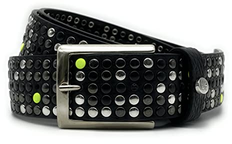 PASSIONE Nieten Gürtel - 35 mm hoch - Echtes schwarzes Leder - Bunte Niete - (Gelb, Taillenumfang 100cm-Gesamtmessung 115cm)