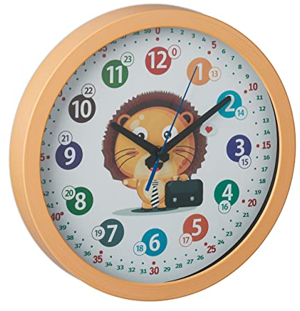 Relaxdays Wanduhr Kinder, Ø 30 cm, Kinderzimmeruhr Löwe, Bunte Zahlen, Uhrzeit Lernen, Lernuhr Junge & Mädchen, gelb