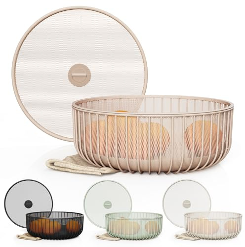LIBKEN Frutero de metal con tapa de malla y cesta – Soporte para frutas y verduras para encimera de cocina – Organizador de cestas de exhibición de encimera – Almacenamiento de cuencos para verduras,