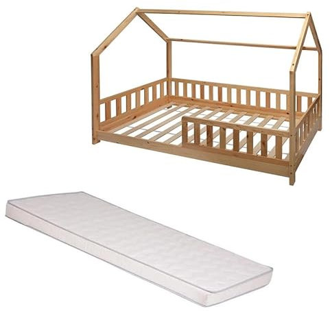 Lit cabane Enfant 90x190 cm avec Matelas – Oasis des Rêves Beige – Laïba Kids – Lit Montessori en pin avec barrière et sommier 16 Lattes