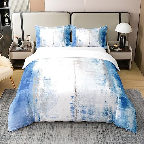 100% Bio Baumwolle Grunge Bettbezug 200x200,Blau Abstrakte Bettwäsche Set für Erwachsene Teen,Gradient Aquarell Tröster Abdeckung,Ombre Tie Dye Geometrische Fluid Ink Bett Sets mit 2 Kissenbezüge